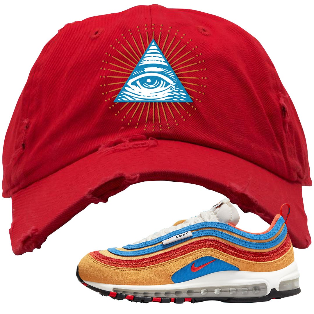 Tan AMRC 97s Distressed Dad Hat | All Seeing Eye, Red