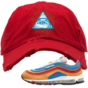 Tan AMRC 97s Distressed Dad Hat | All Seeing Eye, Red