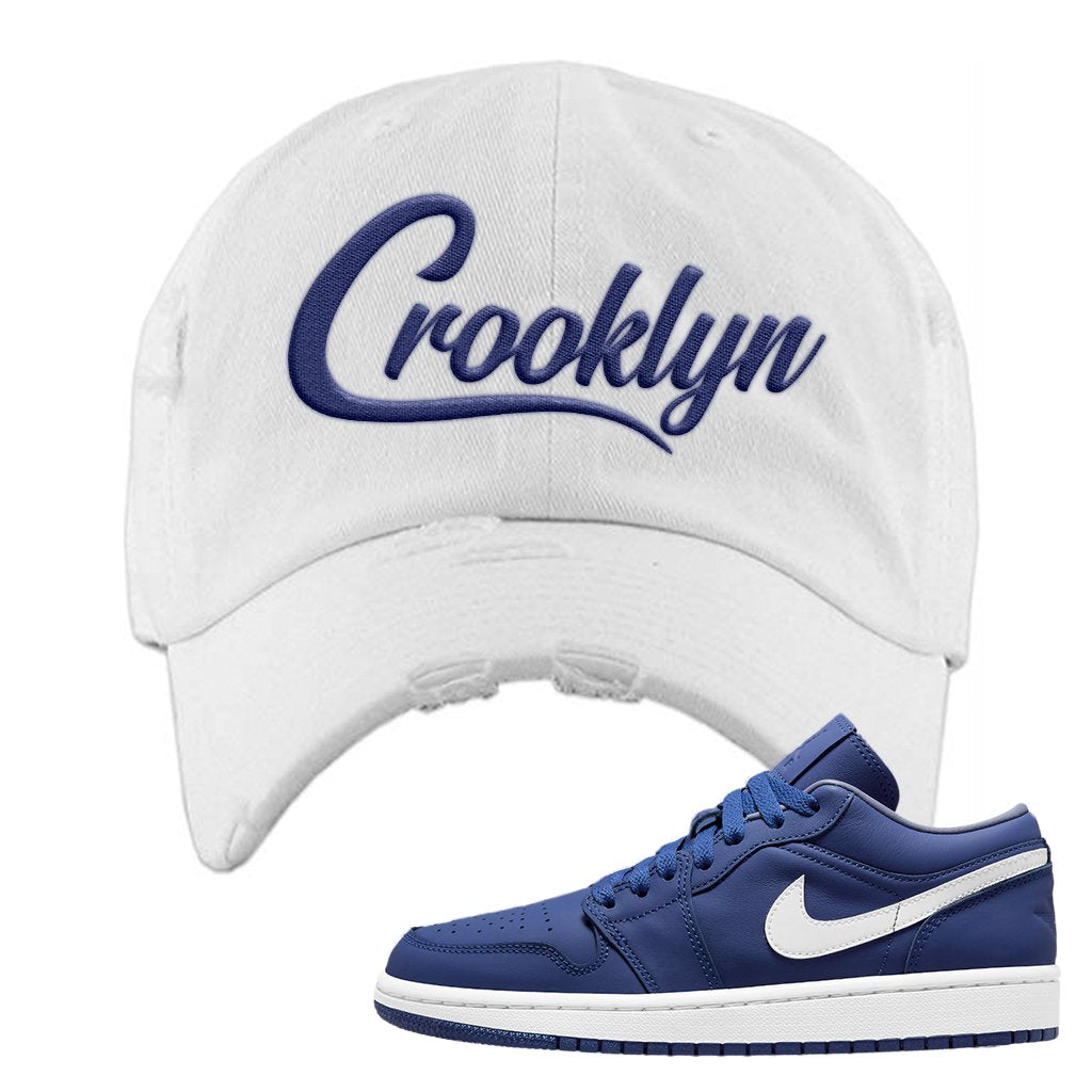 WMNS Dusty Blue Low 1s Distressed Dad Hat | Crooklyn, White