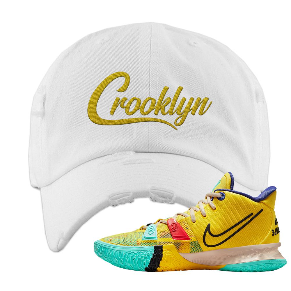 1 World 1 People Yellow 7s Distressed Dad Hat | Crooklyn, White