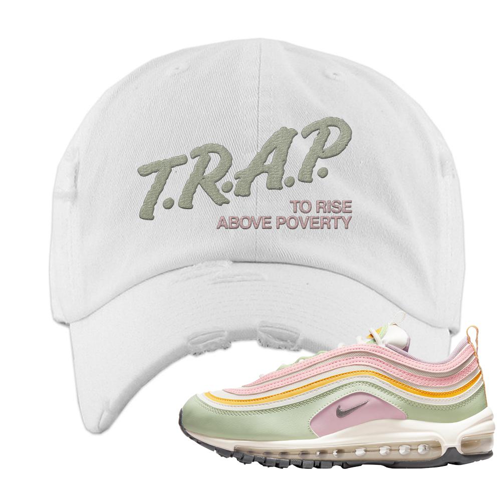 Pastel 97s Distressed Dad Hat | Trap To Rise Above Poverty, White