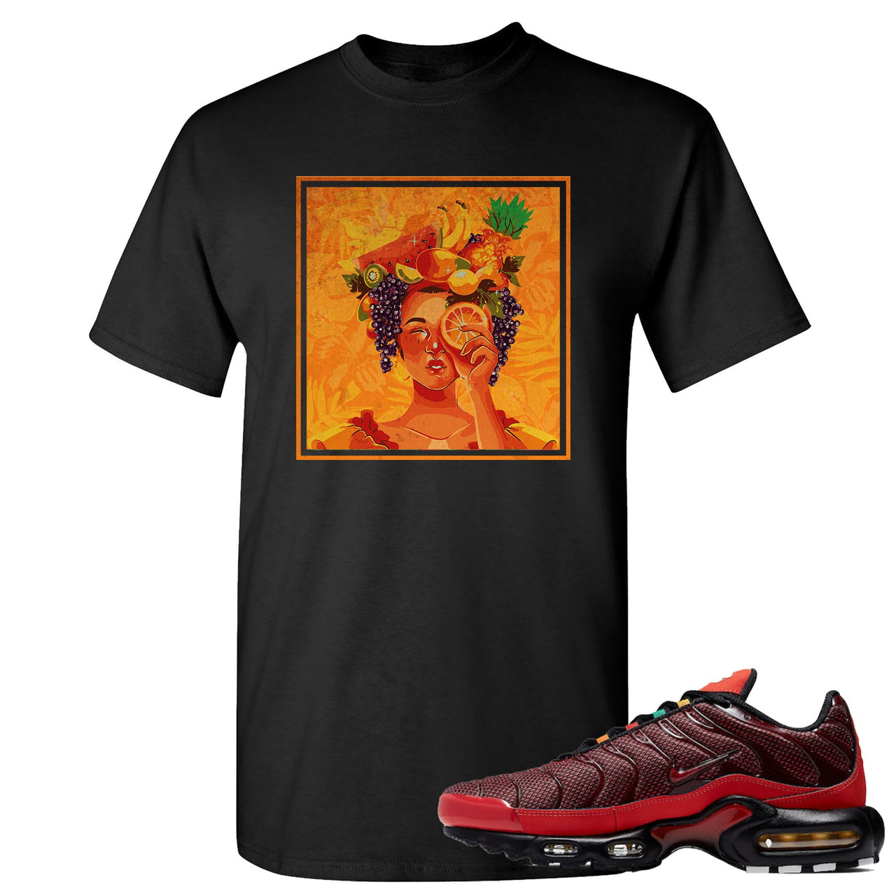 printed on the front of the air max plus sunburst sneaker matching black tee shirt is the lady fruit logo
