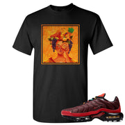 printed on the front of the air max plus sunburst sneaker matching black tee shirt is the lady fruit logo