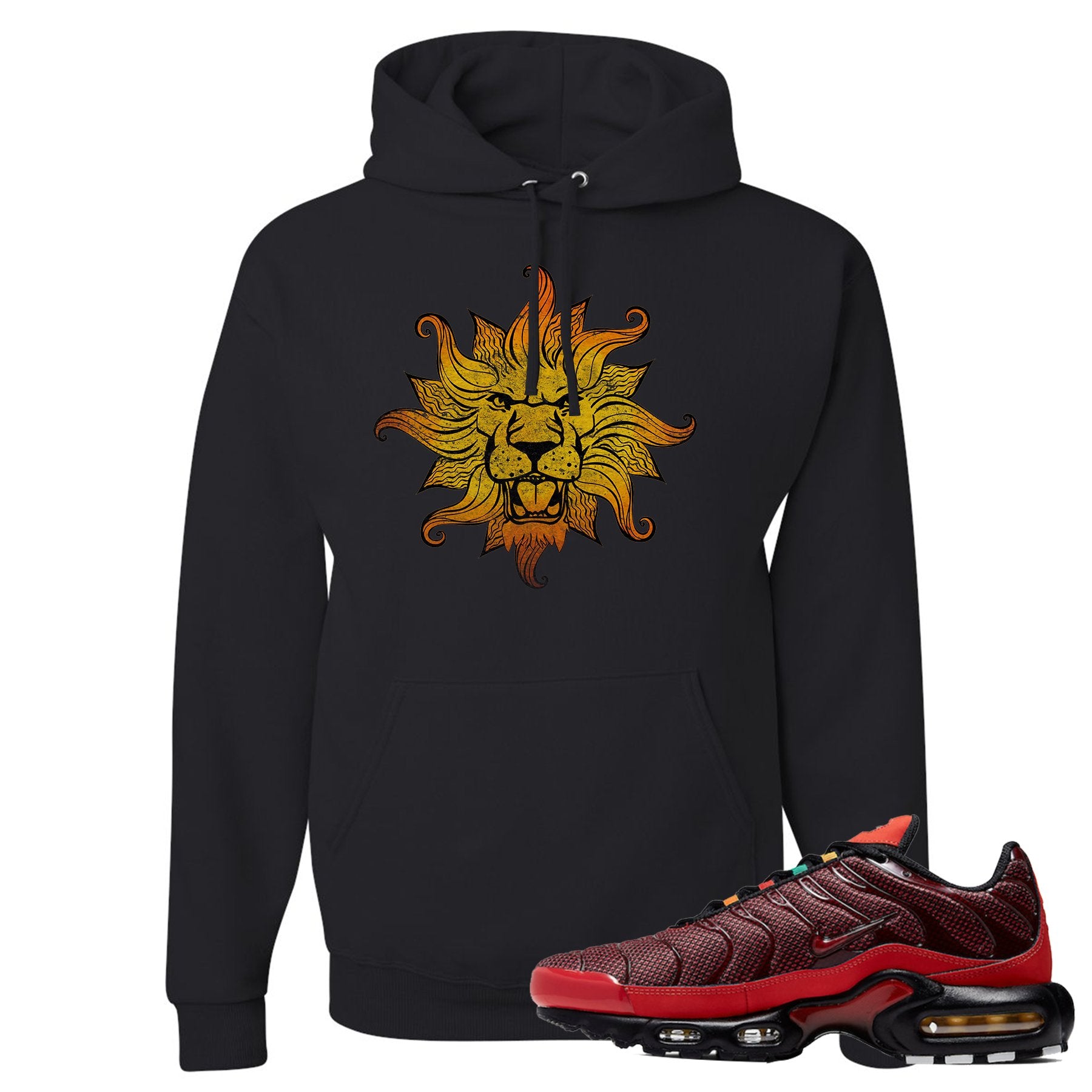 printed on the front of the air max plus sunburst sneaker matching black pullover hoodie is the vintage lion head