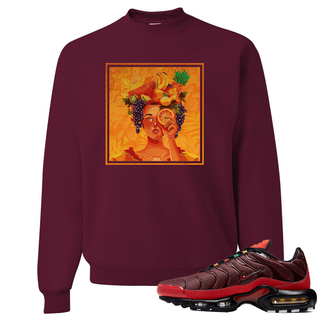 printed on the front of the nike air max plus sneaker matching maroon crewneck sweatshirt is the lady fruit logo