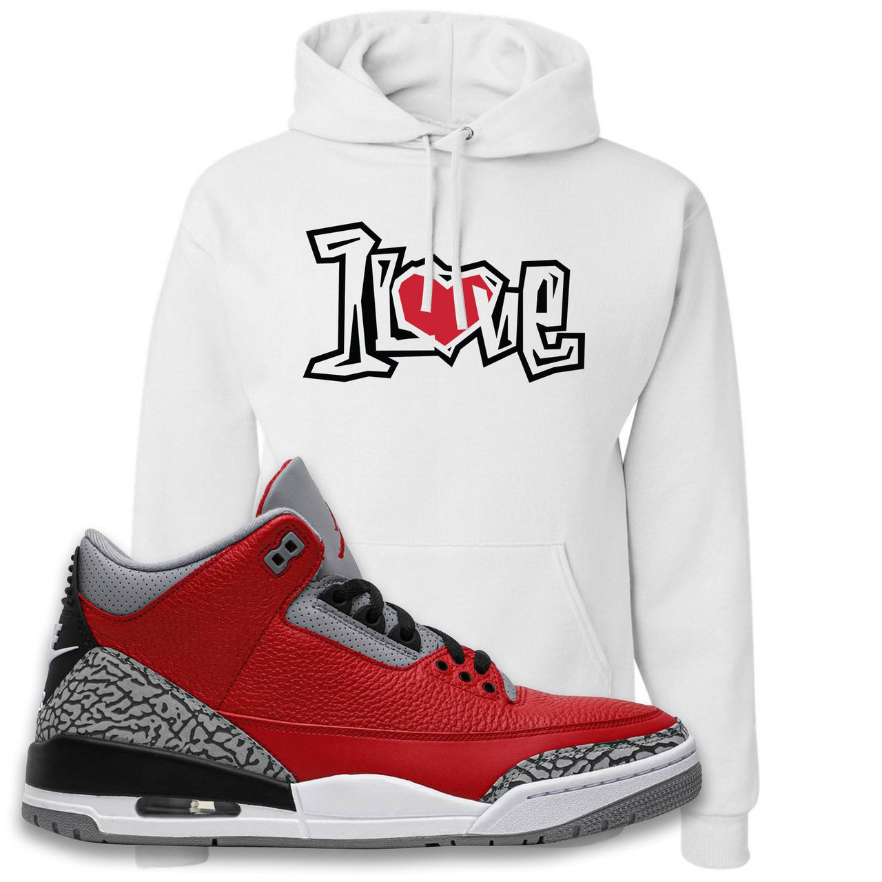 Jordan 3 Red Cement Chicago All-Star Sneaker White Pullover Hoodie | Hoodie to match Jordan 3 All Star Red Cement Shoes | 1 Love