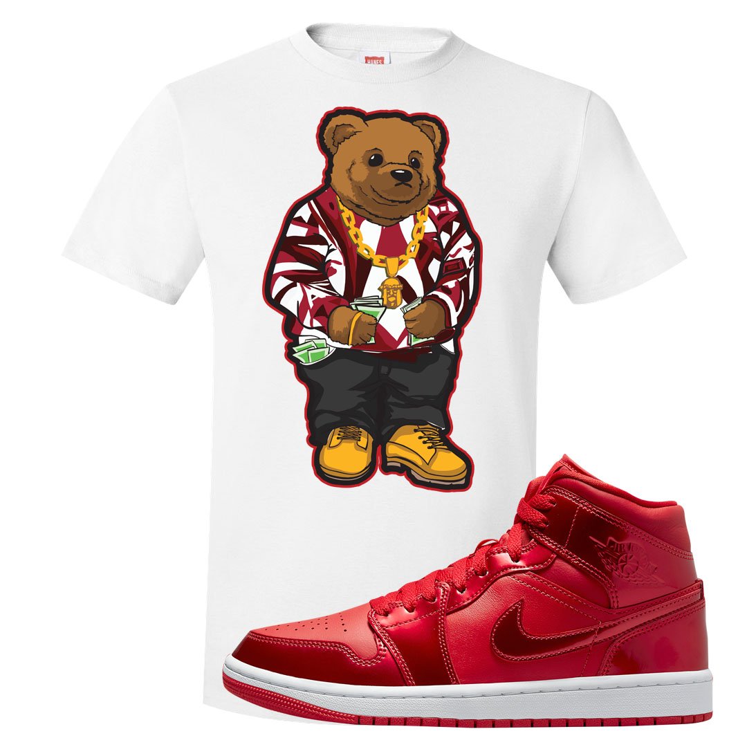 University Red Pomegranate Mid 1s T Shirt | Sweater Bear, White