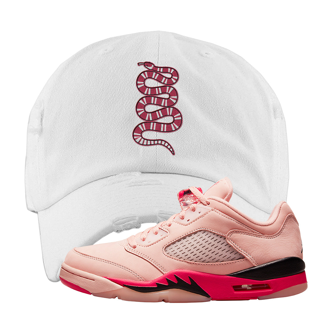 Arctic Pink Low 5s Distressed Dad Hat | Coiled Snake, White