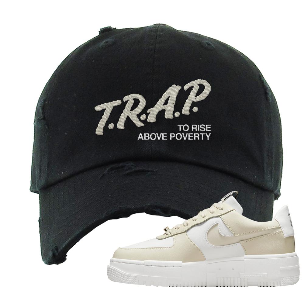 Pixel Cream White Force 1s Distressed Dad Hat | Trap To Rise Above Poverty, Black