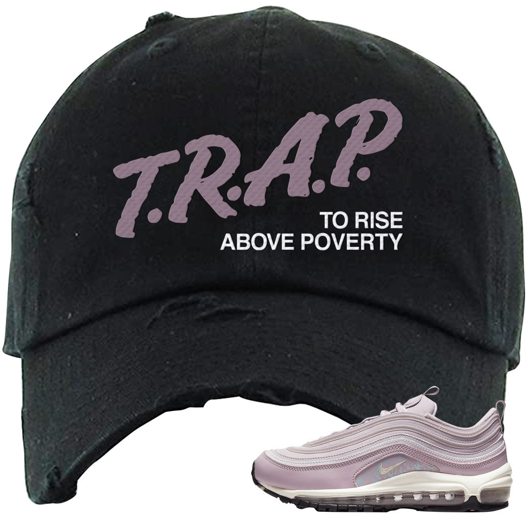 Plum Fog 97s Distressed Dad Hat | Trap To Rise Above Poverty, Black