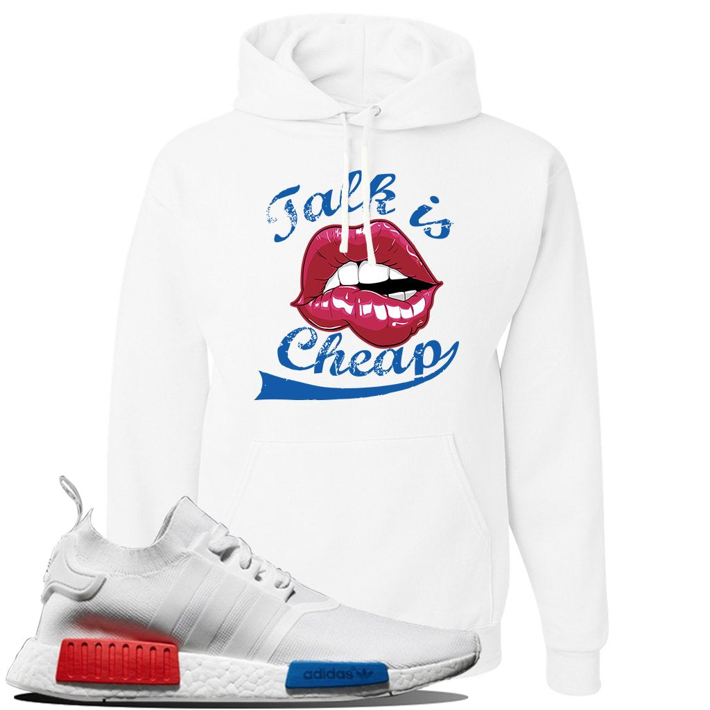 NMD R1 V2 White Red Blue Sneaker White Pullover Hoodie | Hoodie to match Adidas NMD R1 V2 White Red Blue Shoes | Talk Is Cheap