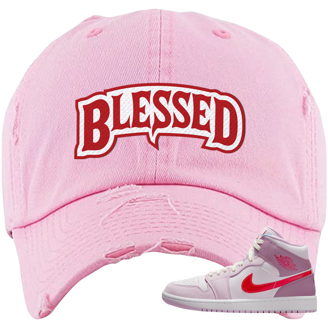 Valentine's Day Mid 1s Distressed Dad Hat | Blessed Arch, Light Pink