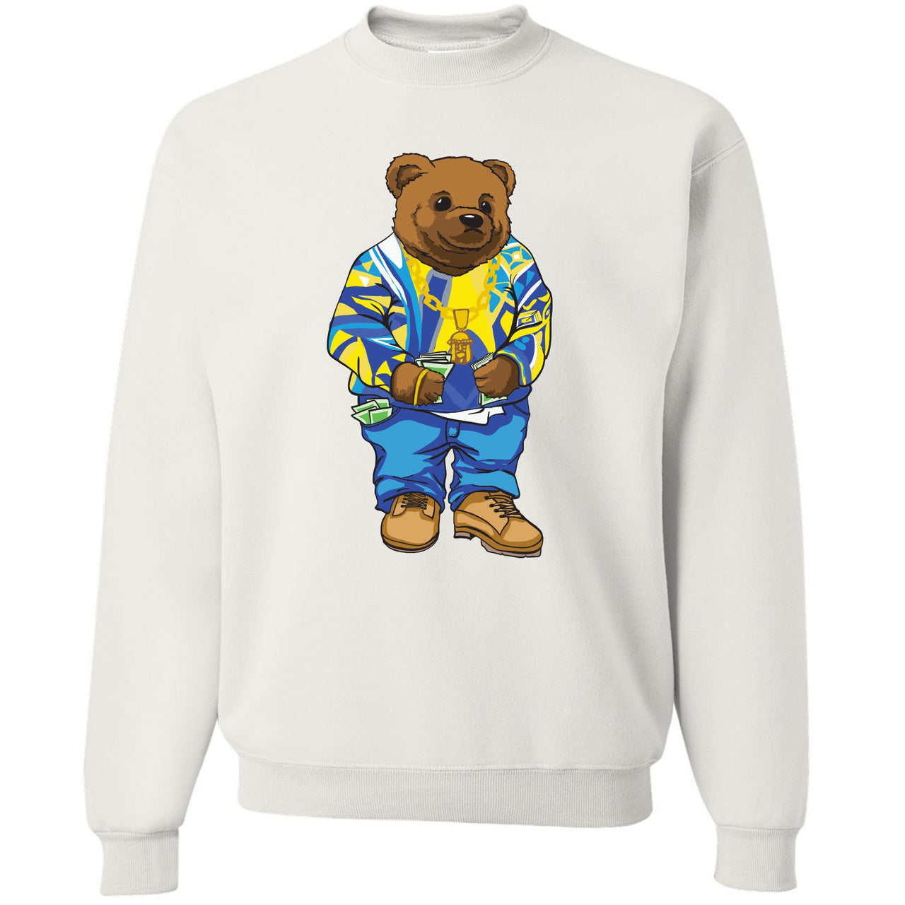 Printed on the front of the Air Jordan 5 Alternate Laney sneaker matching white crewneck is the Sweater Bear wearing a coogi sweater that matches the Air Jordan 5 Laney sneakers