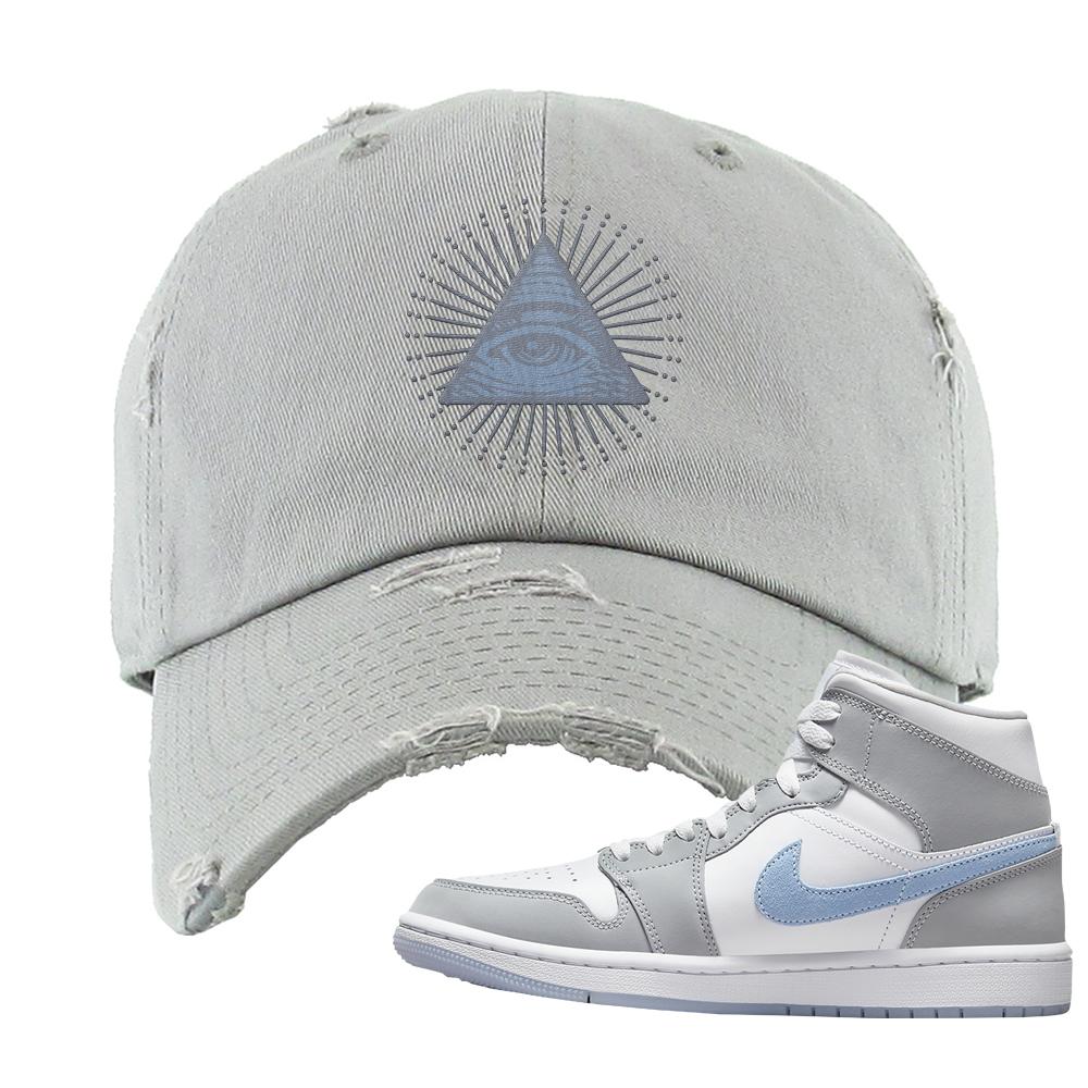Air Jordan 1 Mid Grey Ice Blue Distressed Dad Hat | All Seeing Eye, Light Gray