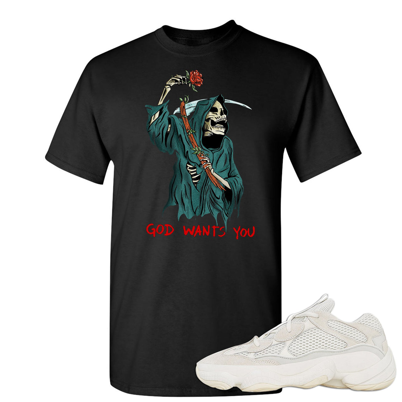 Bone White 500s T Shirt | God Wants You Reaper, Black