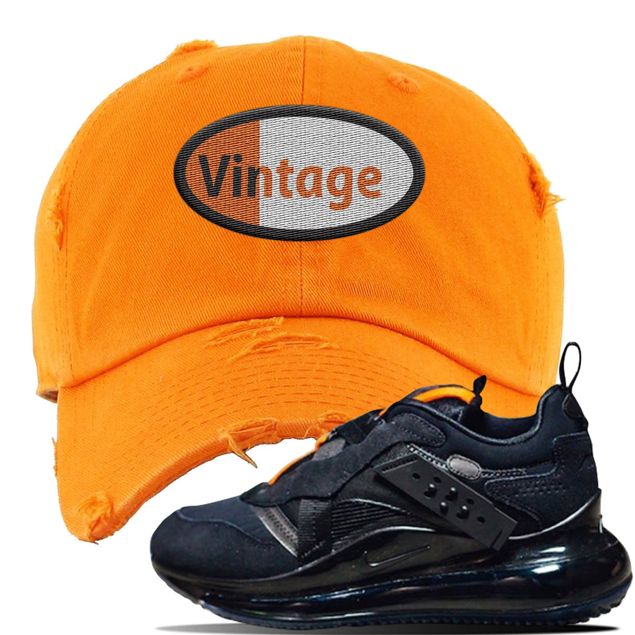 Air Max 720 OBJ Slip Sneaker Safety Orange Distressed Dad Hat | Hat to match Nike Air Max 720 OBJ Slip Shoes | Vintage Oval