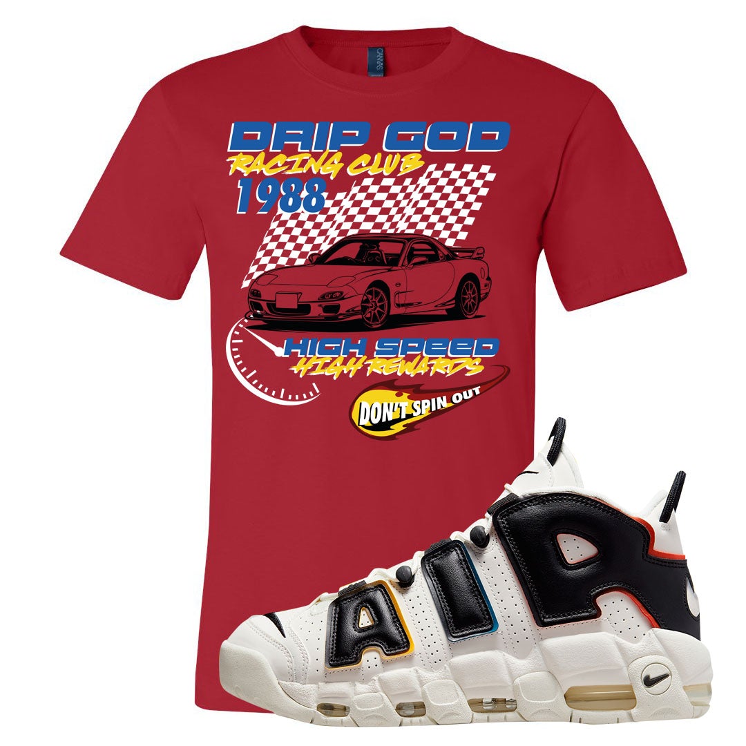 Multicolor Uptempos T Shirt | Drip God Racing Club, Red