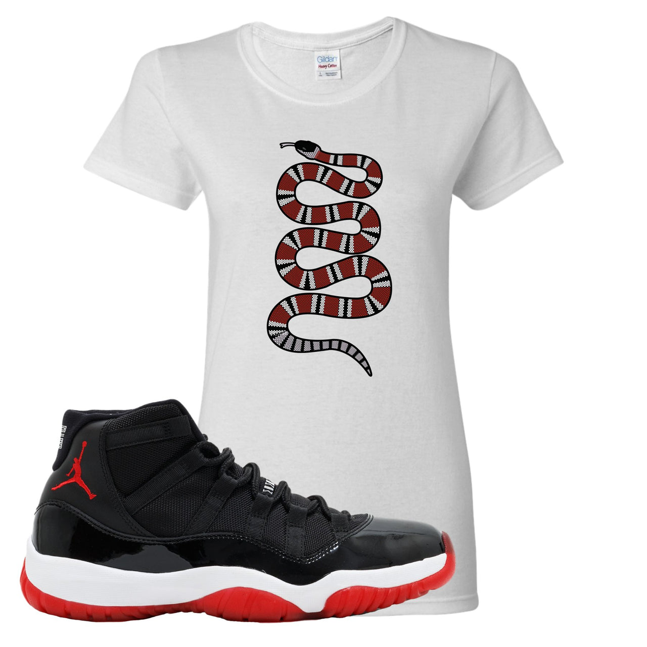 Jordan 11 Bred Coiled Snake White Sneaker Hook Up Women's T-Shirt