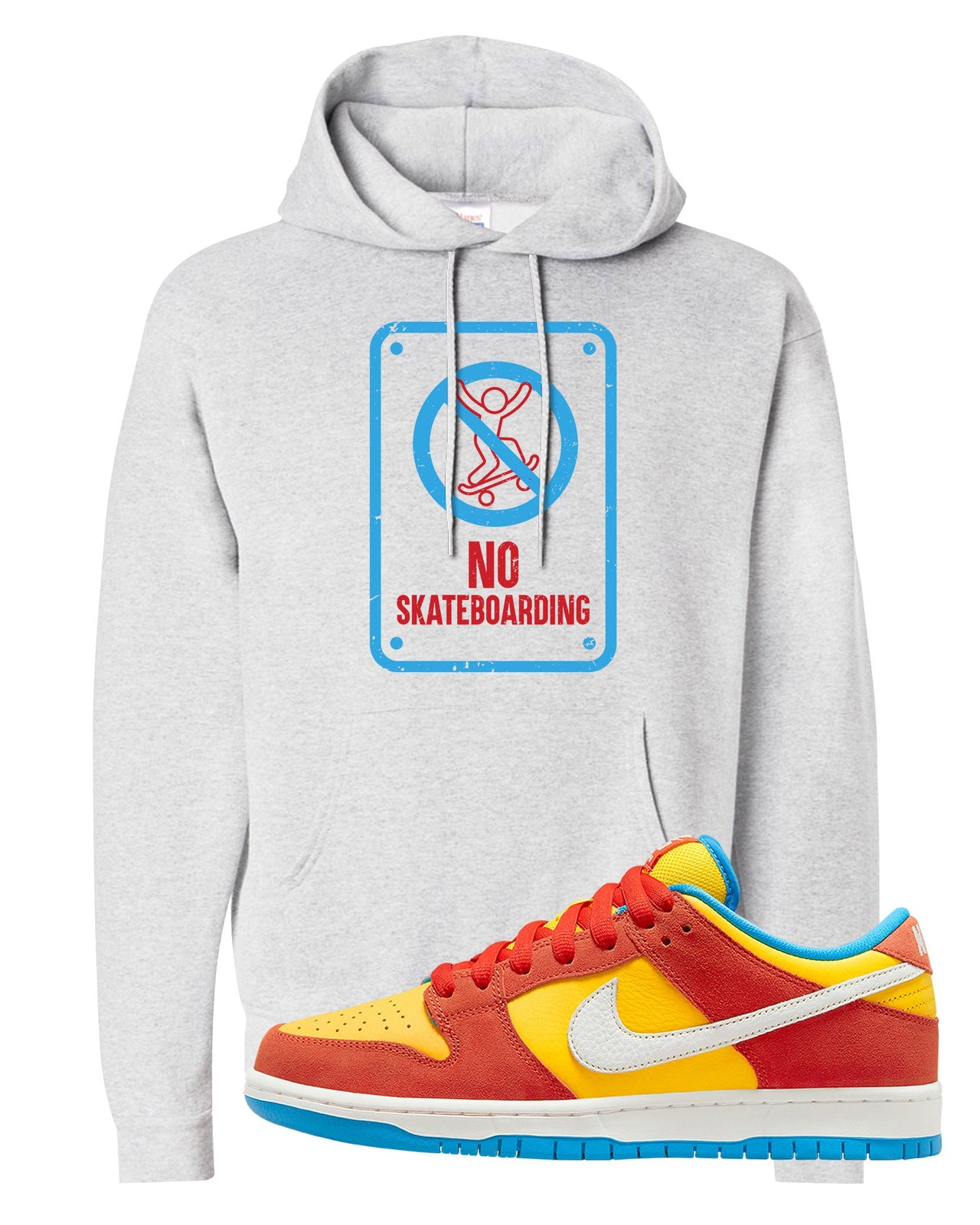 Habanero Red Gold Blue Low Dunks Hoodie | No Skating Sign, Ash