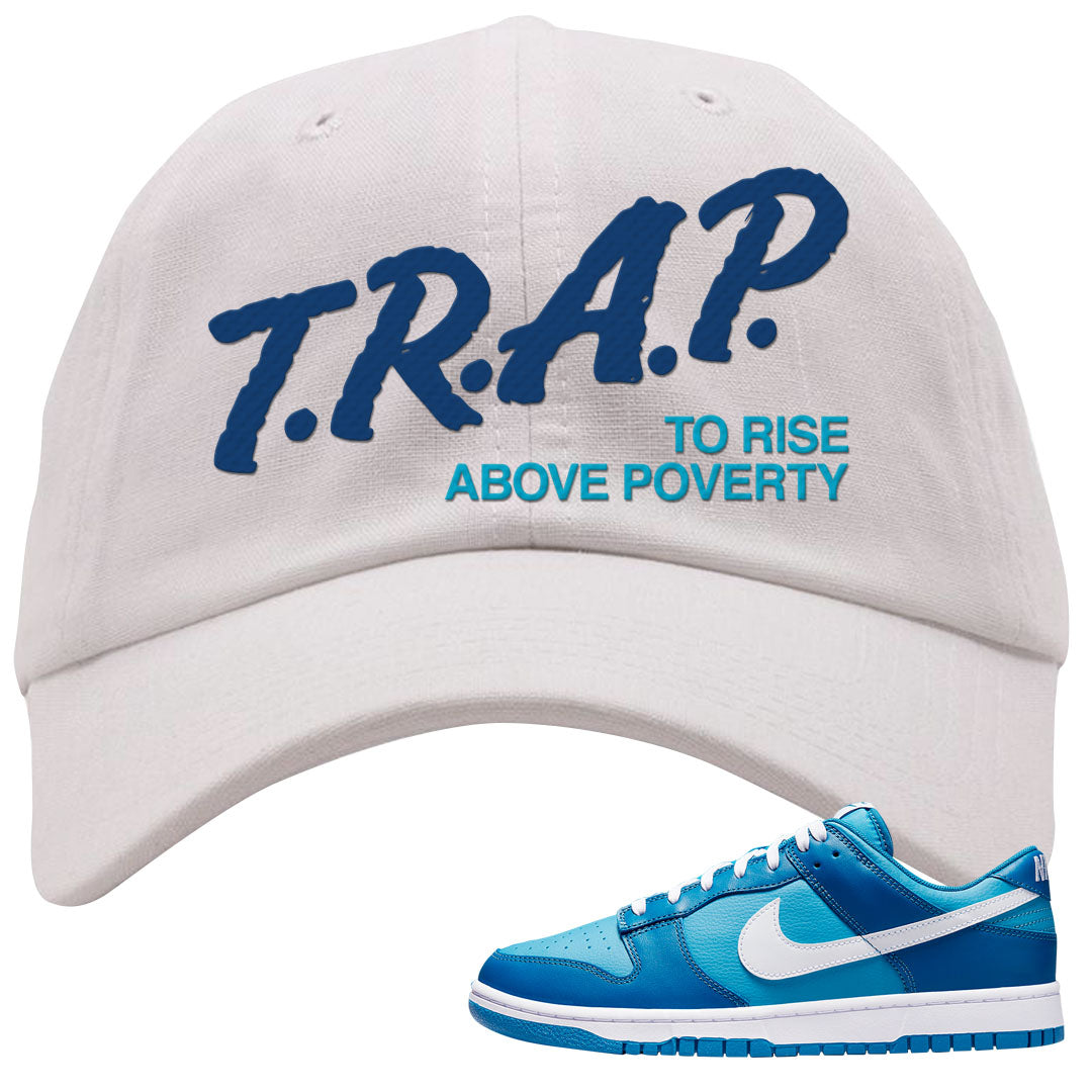 Dark Marina Blue Low Dunks Dad Hat | Trap To Rise Above Poverty, White