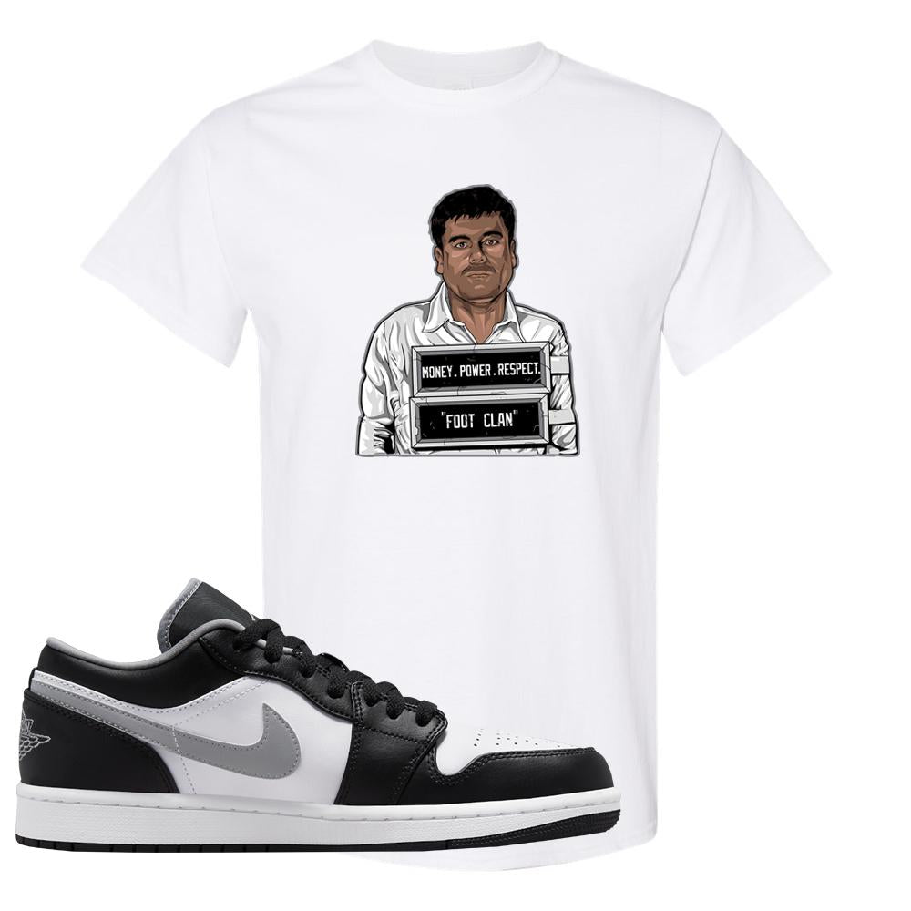 Air Jordan 1 Low Black Medium Grey T Shirt | El Chapo Illustration, White