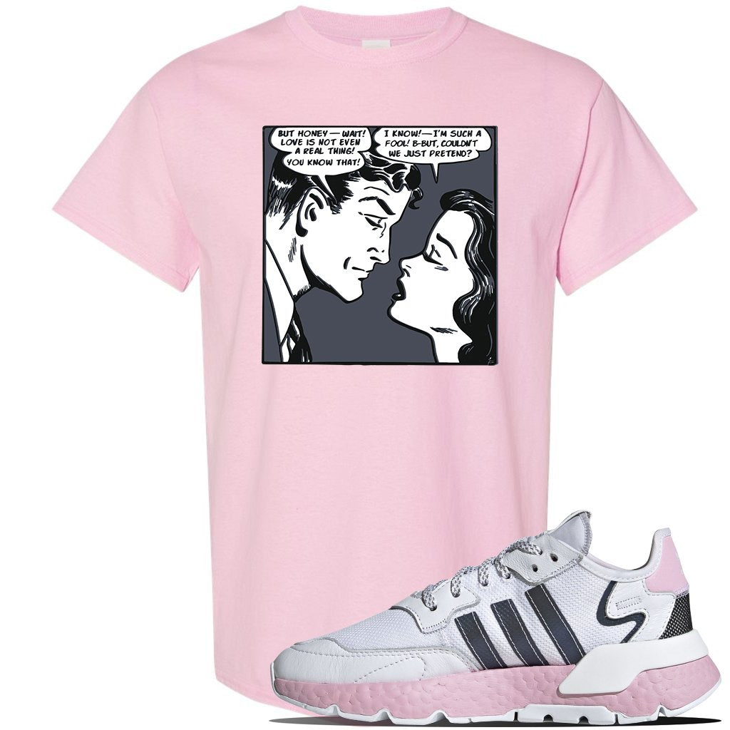 WMNS Nite Jogger Pink Boost Sneaker Light Pink T Shirt | Tees to match Adidas WMNS Nite Jogger Pink Boost Shoes | Fake Love Comic