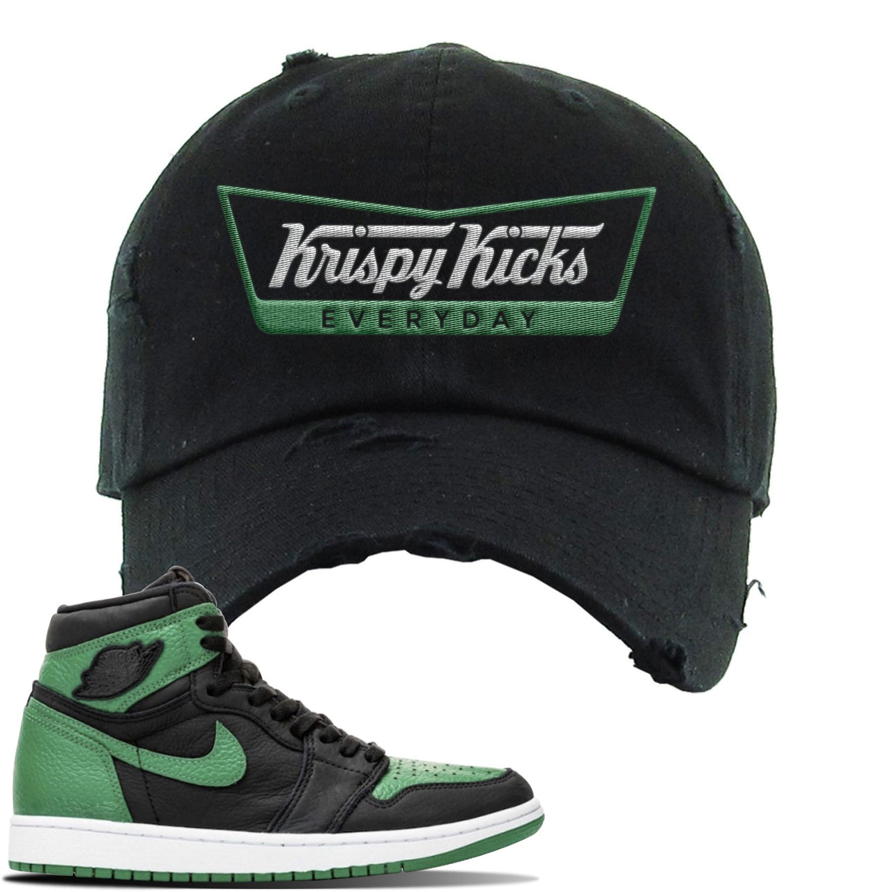 Jordan 1 Retro High OG Pine Green Gym Sneaker Black Distressed Dad Hat | Hat to match Air Jordan 1 Retro High OG Pine Green Gym Shoes | Krispy Kicks