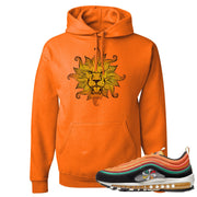 Printed on the front of the Air Max 97 Sunburst safety orange sneaker matching pullover hoodie is the vintage lion head logo