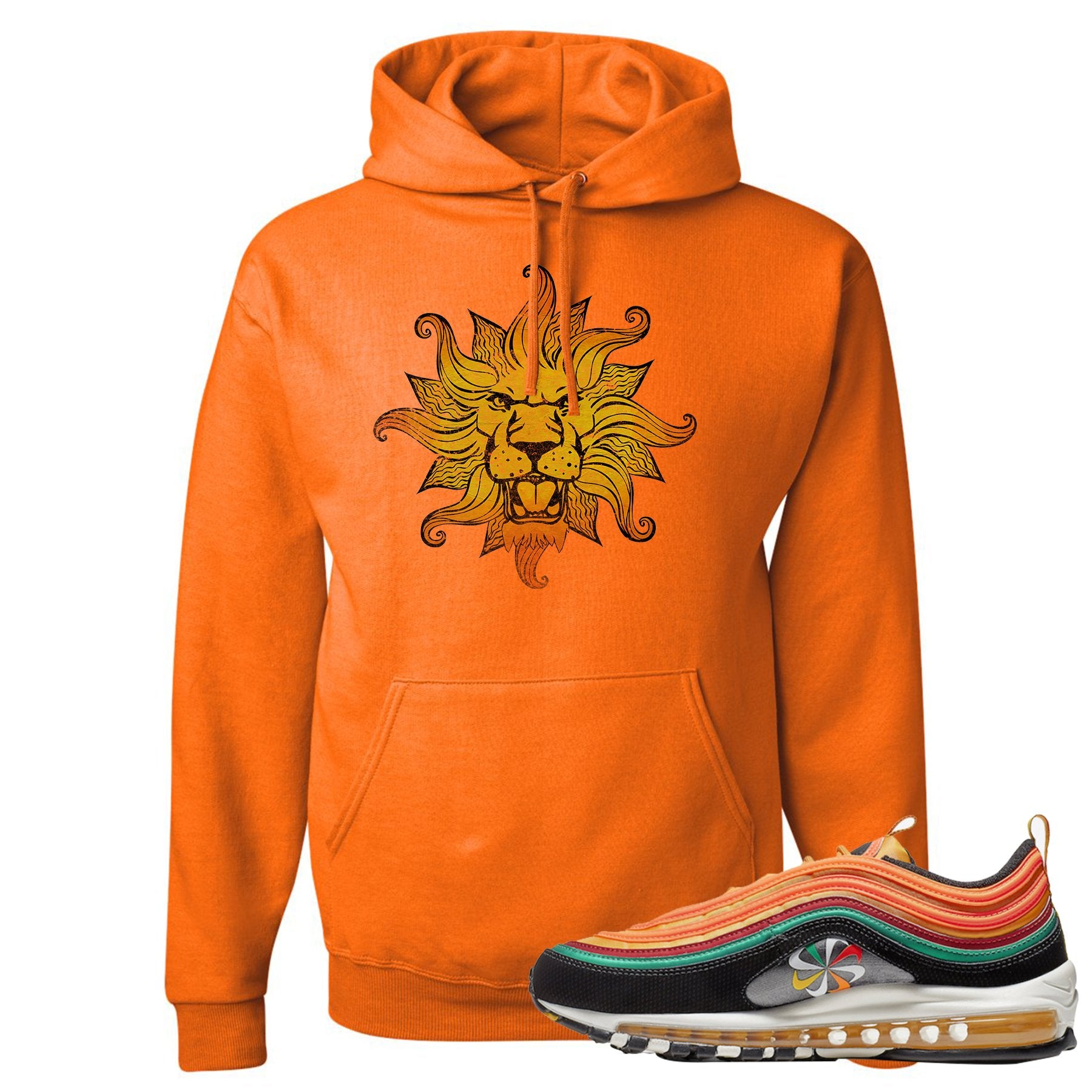 Printed on the front of the Air Max 97 Sunburst safety orange sneaker matching pullover hoodie is the vintage lion head logo