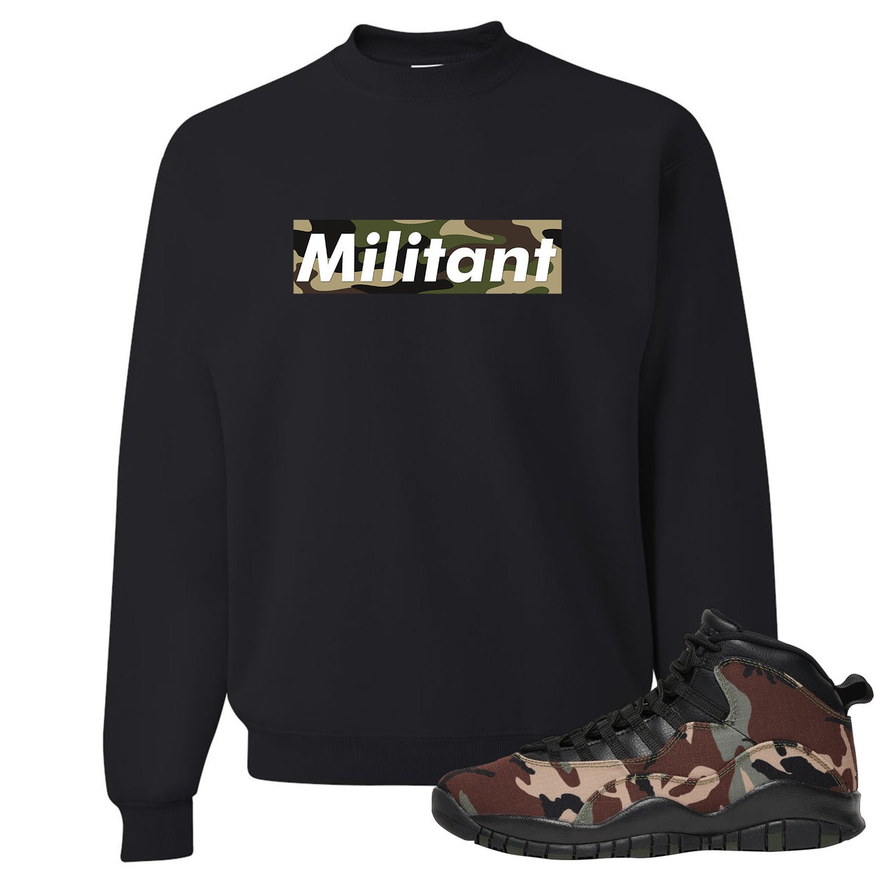Woodland Camo 10s Crewneck Sweatshirt | Militant Camo Box Logo, Black