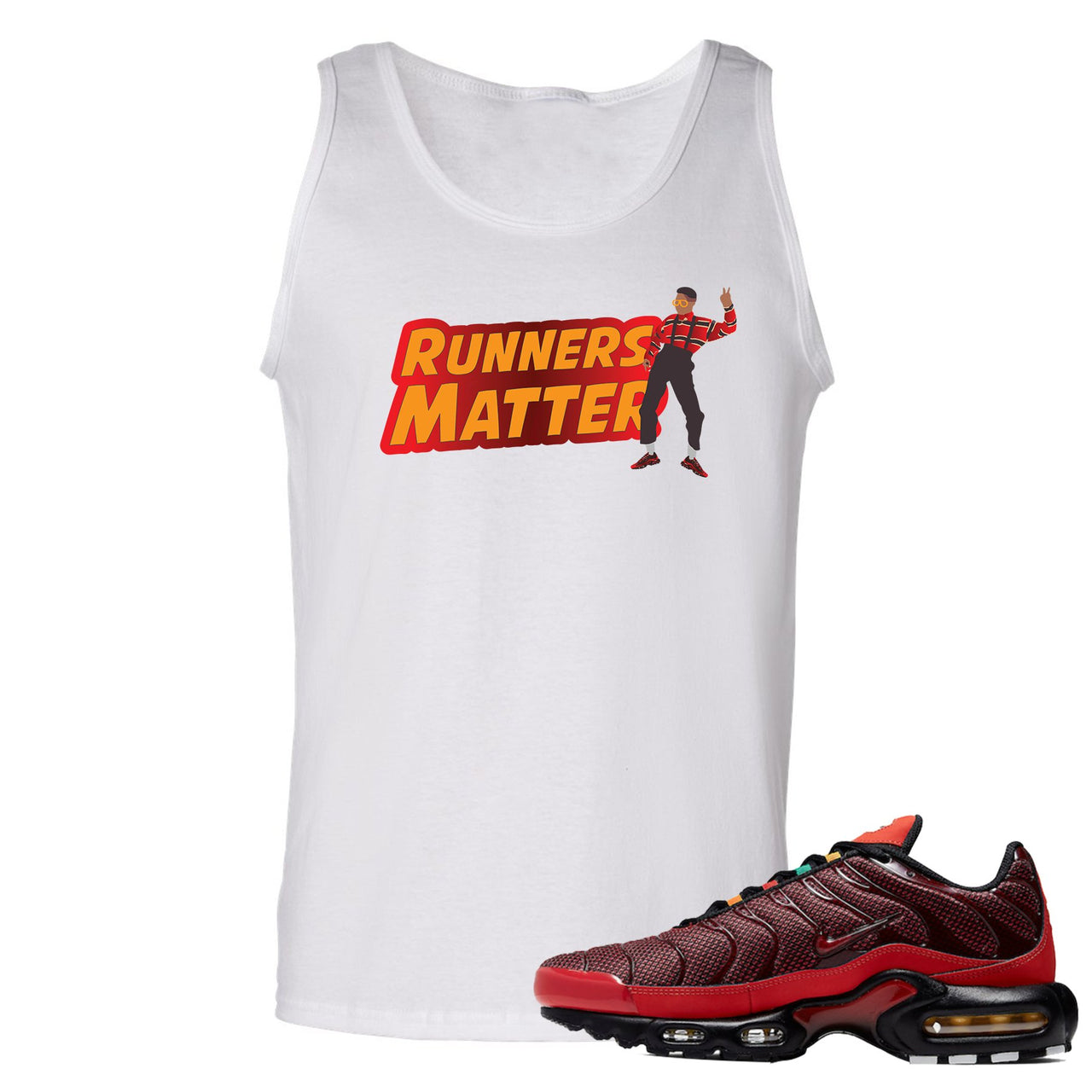 printed on the front of the air max plus sunburst sneaker matching white tank top is the runners matter logo