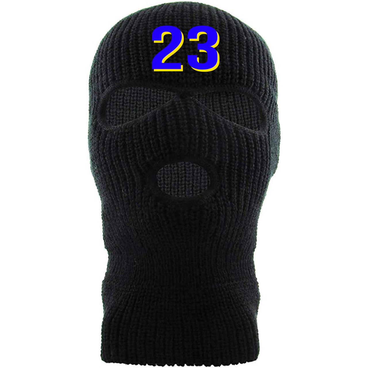 Embroidered on the forehead of the Jordan 5 Laney sneaker matching ski mask is the 23 logo embroidered in blue and yellow