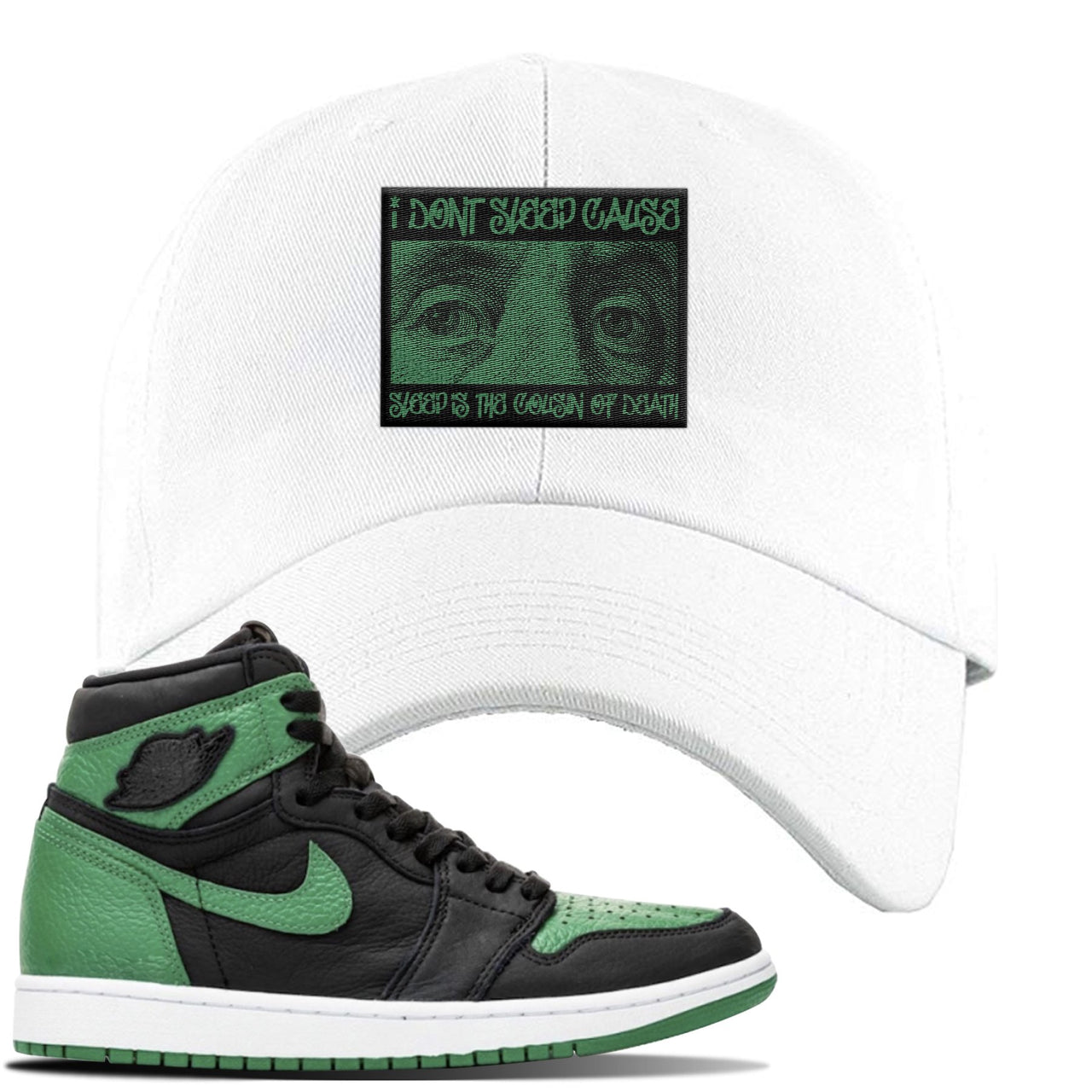 Jordan 1 Retro High OG Pine Green Gym Sneaker White Dad Hat | Hat to match Air Jordan 1 Retro High OG Pine Green Gym Shoes | Franklin Eyes