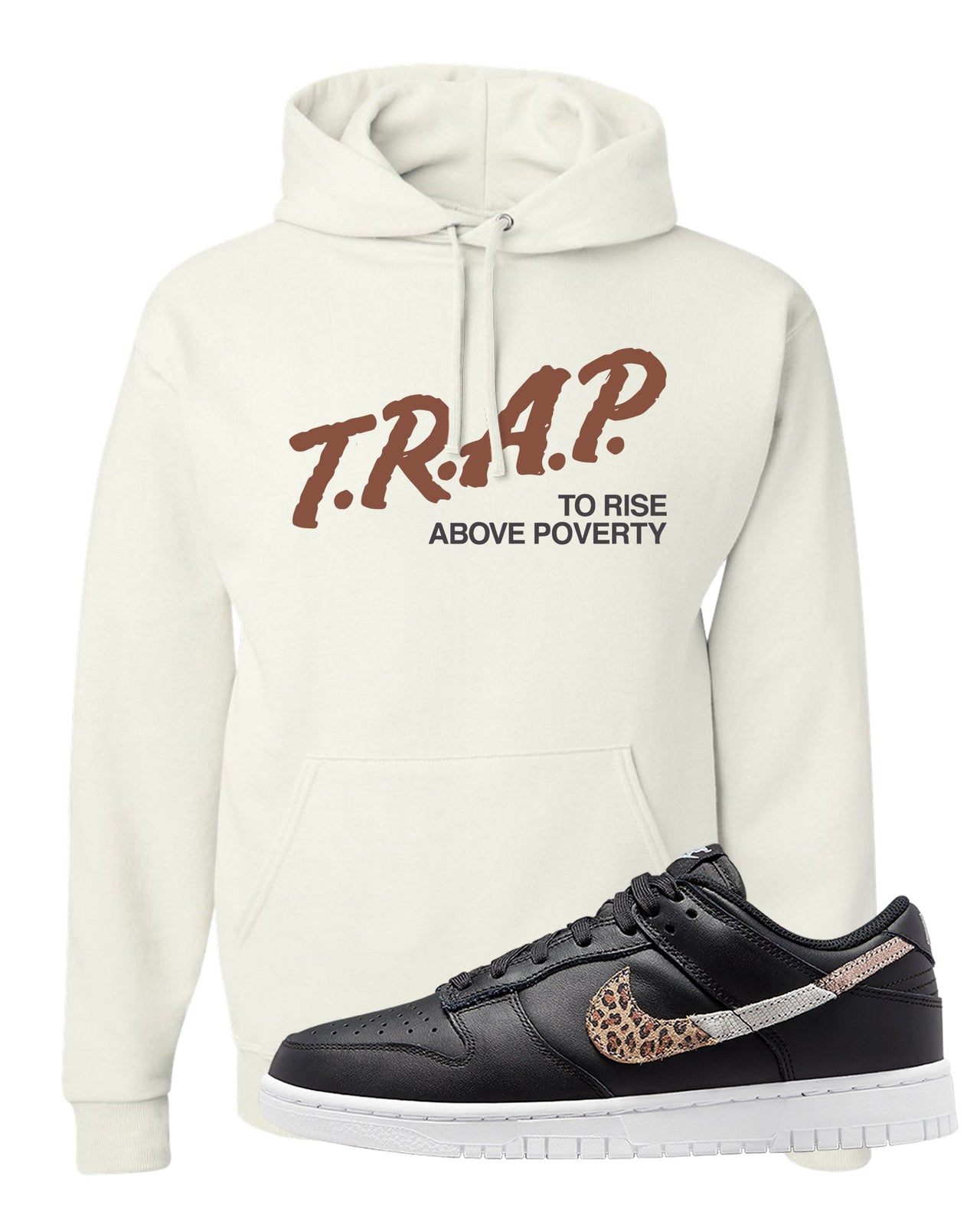 Primal Black Leopard Low Dunks Hoodie | Trap To Rise Above Poverty, White