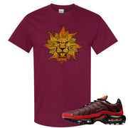 printed on the front of the air max plus sunburst sneaker matching maroon tee shirt is the vintage lion head logo