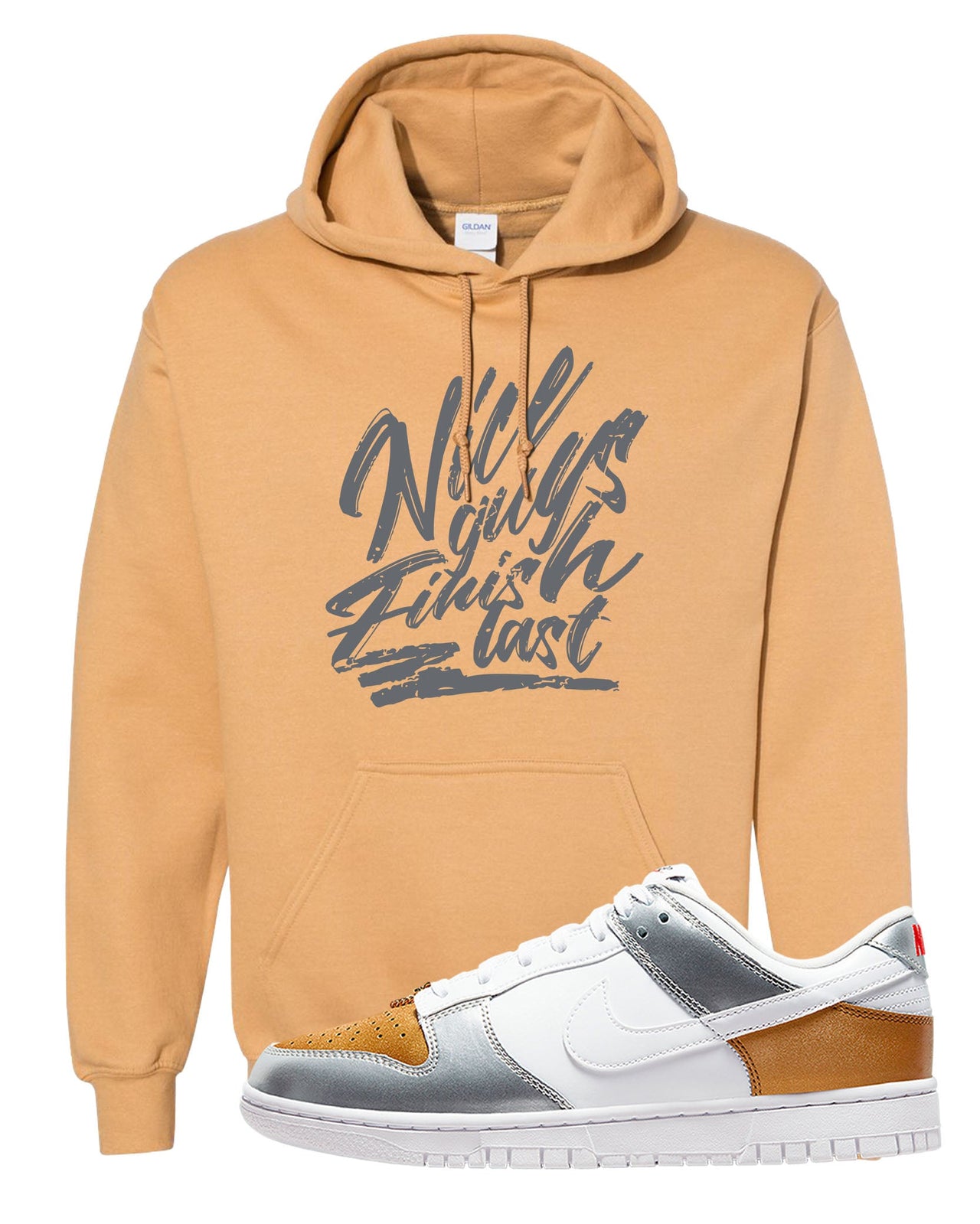 Gold Silver Red Low Dunks Hoodie | Nice Guys Finish Last, Old Gold