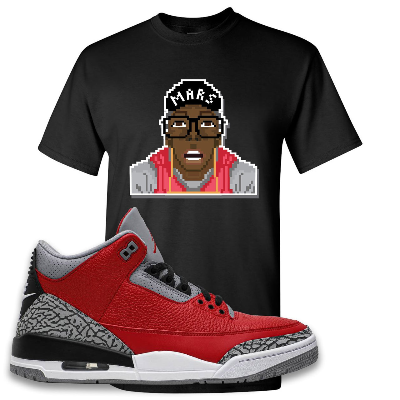 Jordan 3 Red Cement Chicago All-Star Sneaker Black T Shirt | Tees to match Jordan 3 All Star Red Cement Shoes | Mars Pixel