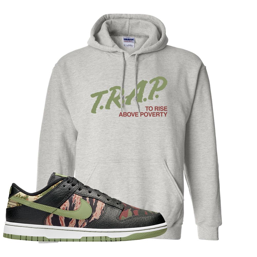 Multi Camo Low Dunks Hoodie | Trap To Rise Above Poverty, Ash