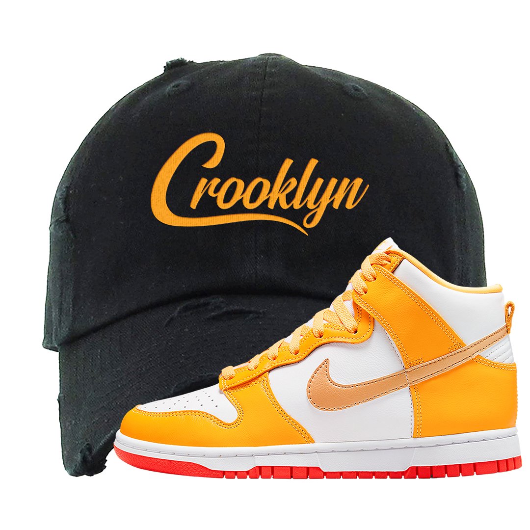 Yellow Gold Orange High Dunks Distressed Dad Hat | Crooklyn, Black