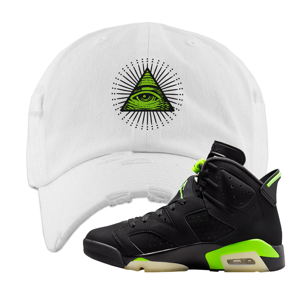 Electric Green 6s Distressed Dad Hat | All Seeing Eye, White