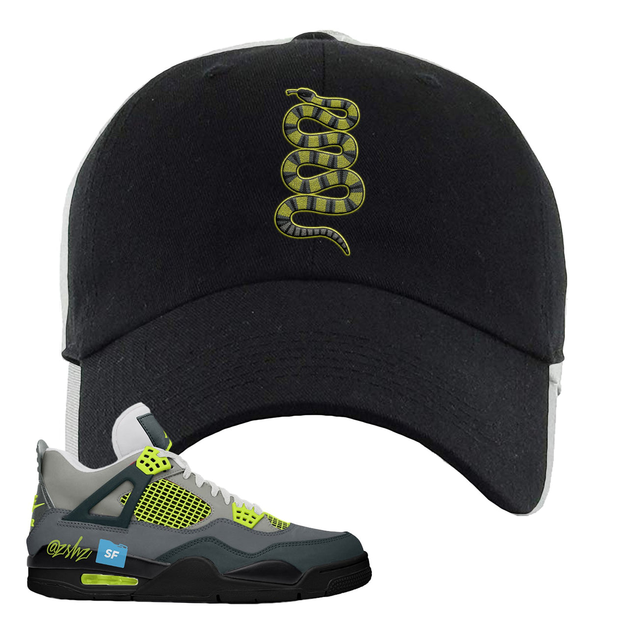 Jordan 4 Neon Sneaker Black Dad Hat | Hat to match Nike Air Jordan 4 Neon Shoes | Coiled Snake