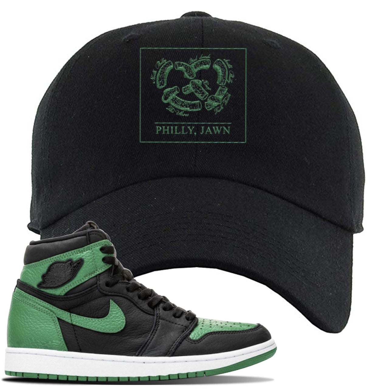 Jordan 1 Retro High OG Pine Green Gym Sneaker Black Dad Hat | Hat to match Air Jordan 1 Retro High OG Pine Green Gym Shoes | Philly Pretzel