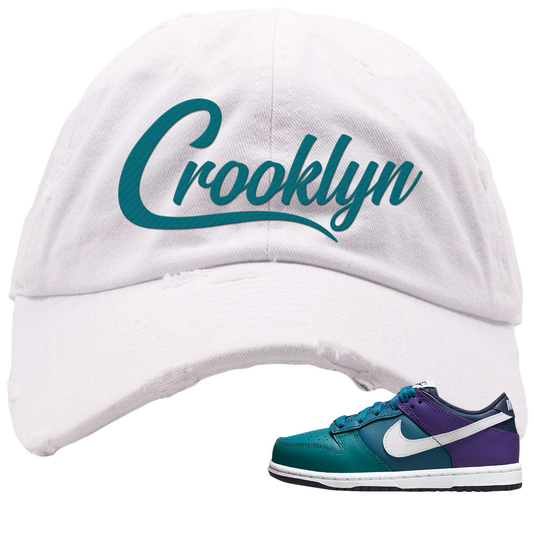 Teal Purple Low Dunks Distressed Dad Hat | Crooklyn, White