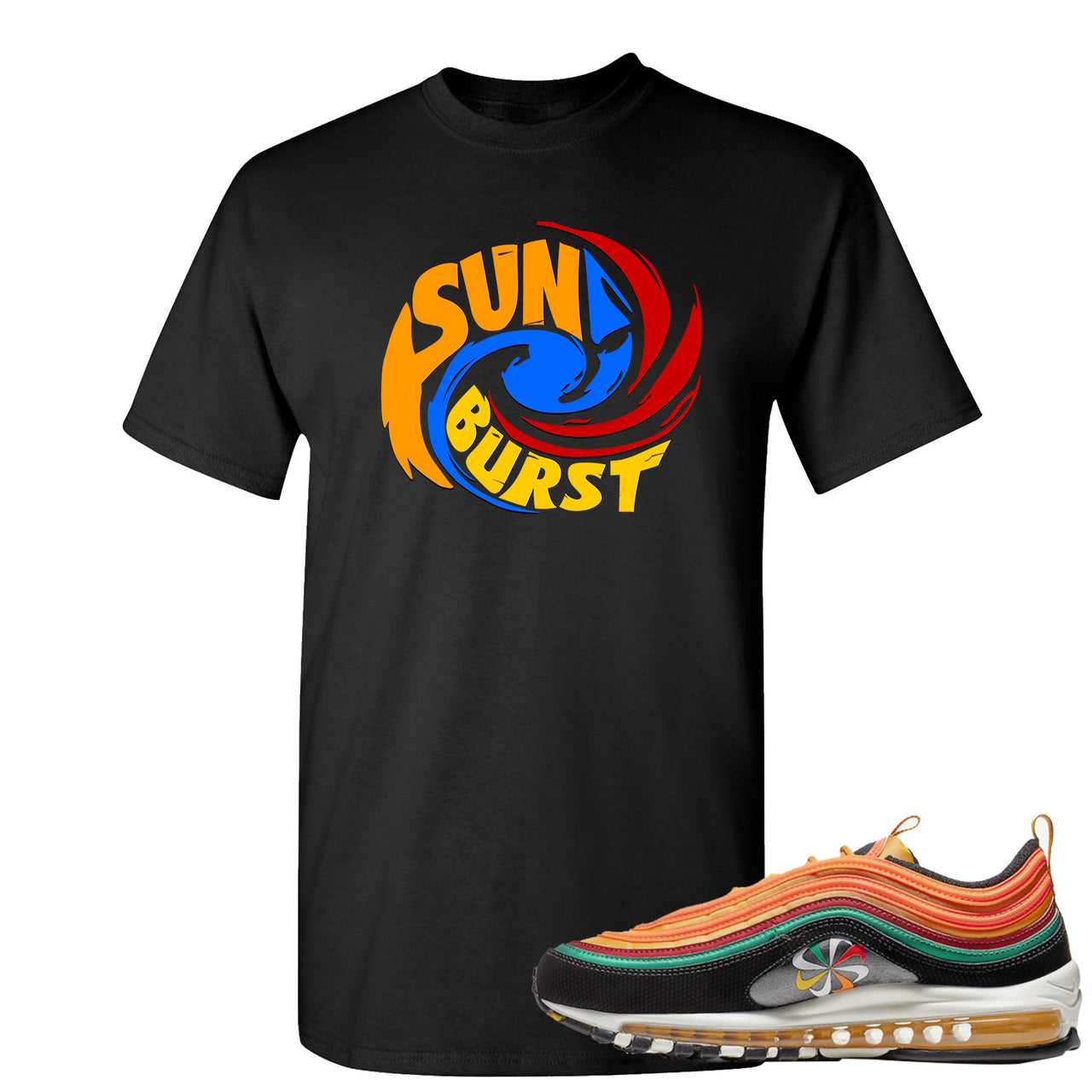 Printed on the front of the Air Max 97 Sunburst black sneaker matching t-shirt is the Sunburst Hurricane logo