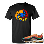 Printed on the front of the Air Max 97 Sunburst black sneaker matching t-shirt is the Sunburst Hurricane logo