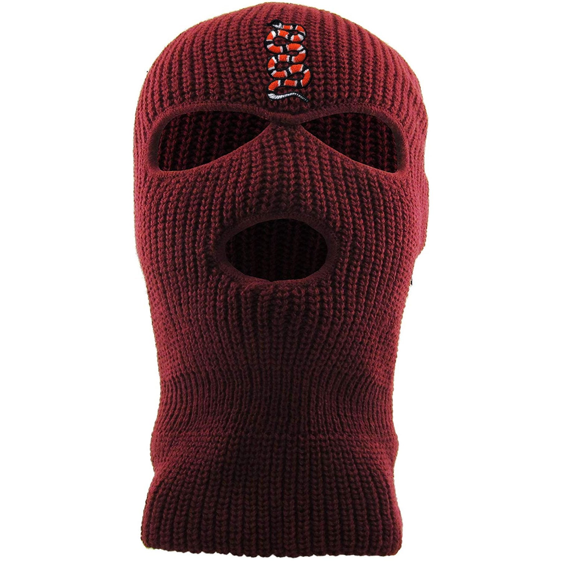 Embroidered on the forehead of the maroon coiled snake ski mask is the snake logo in red, white, and black