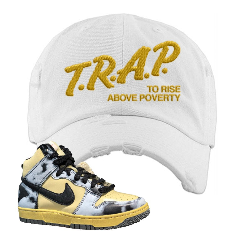 Acid Wash Yellow High Dunks Distressed Dad Hat | Trap To Rise Above Poverty, White
