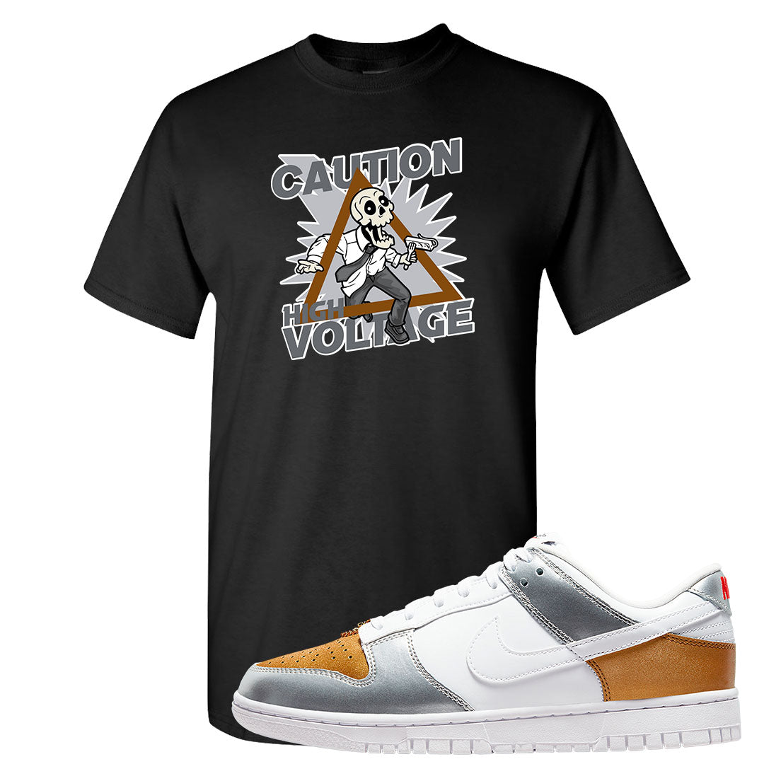 Gold Silver Red Low Dunks T Shirt | Caution High Voltage, Black