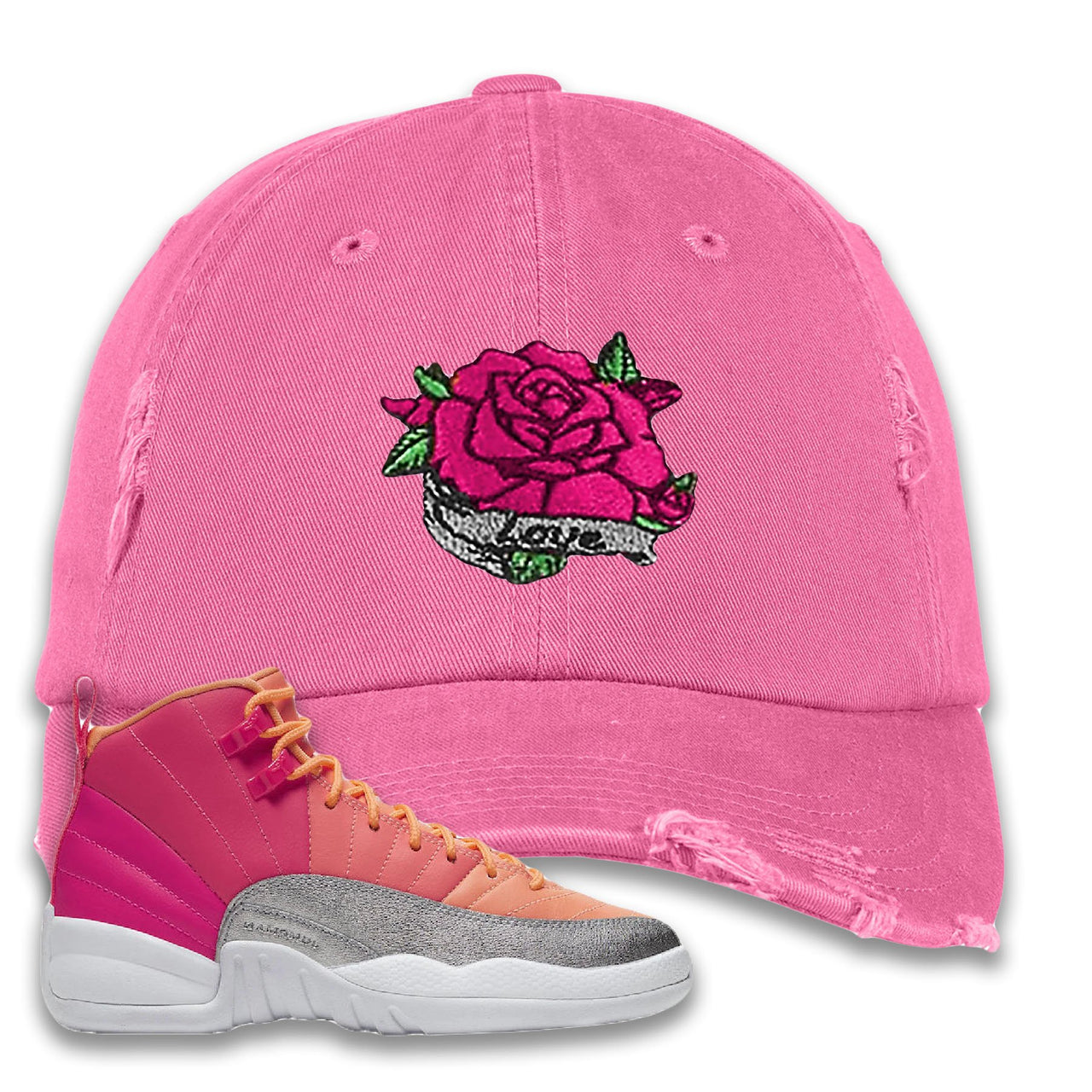 Jordan 12 GS Hot Punch Rose Love Light Pink Sneaker Hook Up Distressed Dad Hat