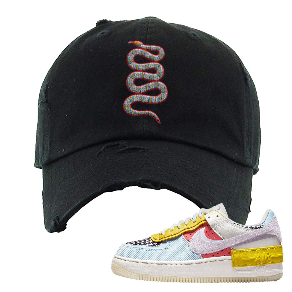 Air Force 1 Shadow Multi-Color Distressed Dad Hat | Coiled Snake, Black